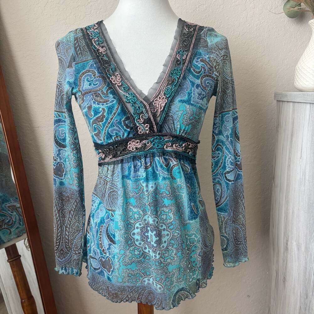 Promod Y2K Mesh Top Turquoise Paisley Embroidered Trim Fairycore Whimsy Small